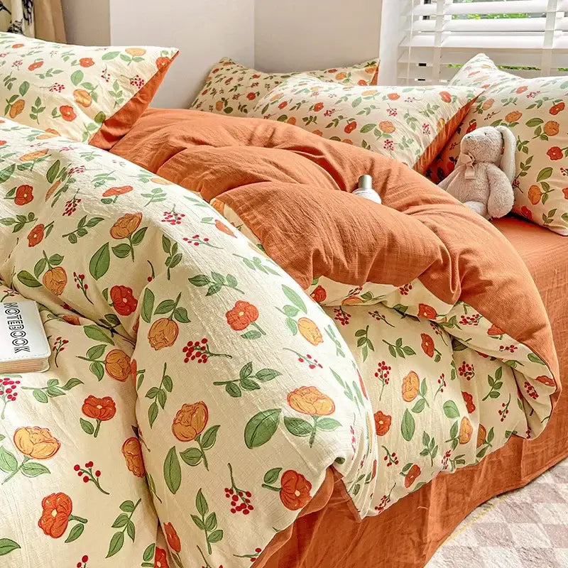 Cream bunny and pink rose cartoon pattern cotton bedding set with cream floral duvet cover featuring orange blossoms and berries