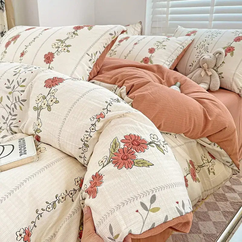 Cream-colored bedding set with cream bunny and pink rose decorbites cartoon pattern on lightweight cotton fabric