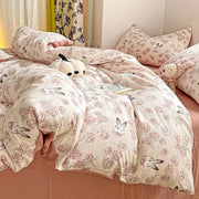 Cream bunny and pink rose cartoon pattern cotton bedding set in soft cream with delicate decorbites cartoon pattern design