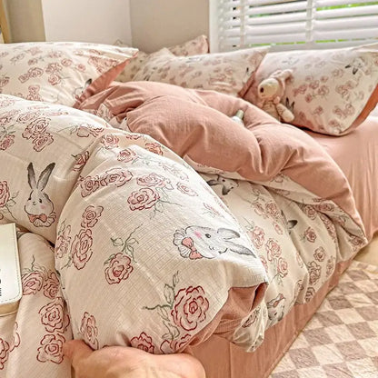 Cream bunny and pink rose cartoon pattern cotton bedding set featuring embroidered bunny faces for bedroom decorbites decor