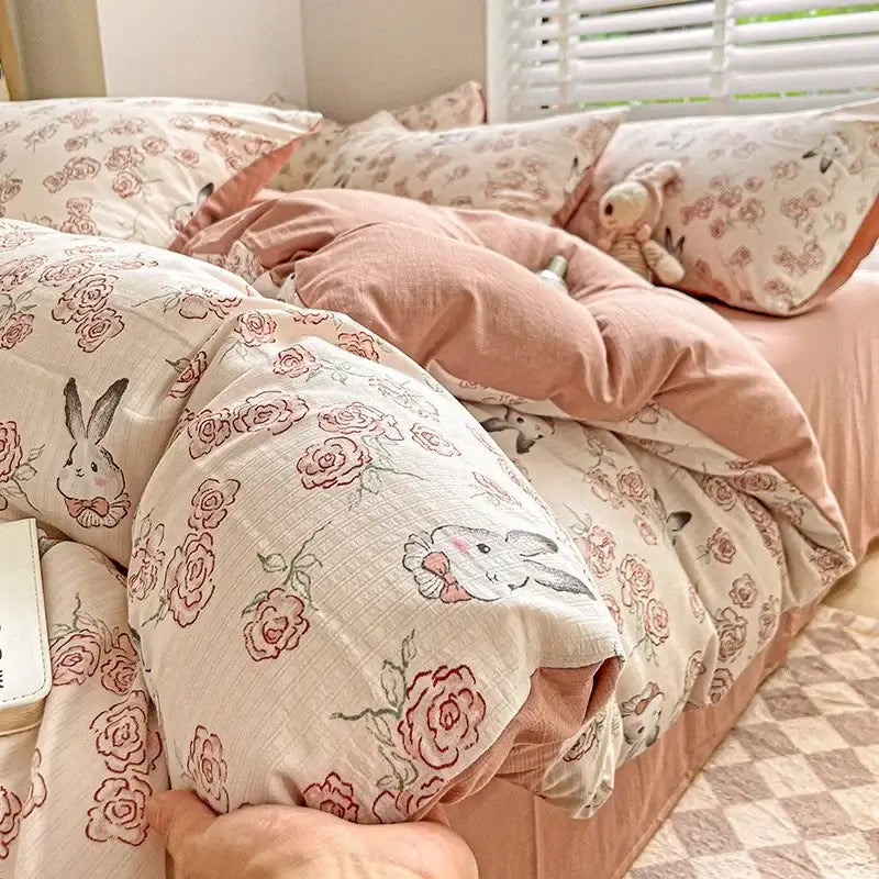 Cream bunny and pink rose cartoon pattern cotton bedding set featuring embroidered bunny faces for bedroom decorbites decor