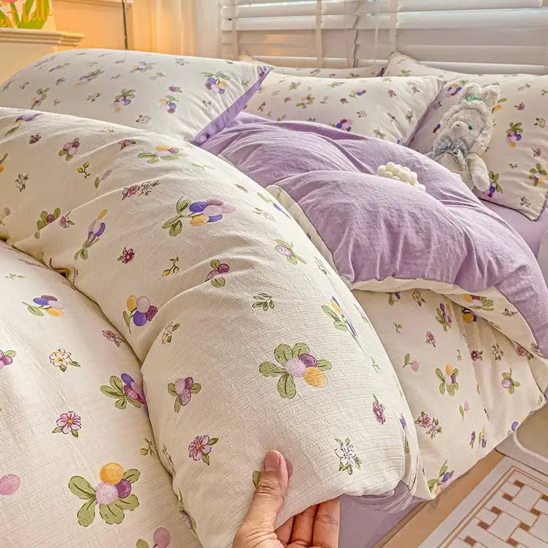 Cream cotton bedding set with decorbites cartoon pattern featuring cream bunny and pink rose floral design