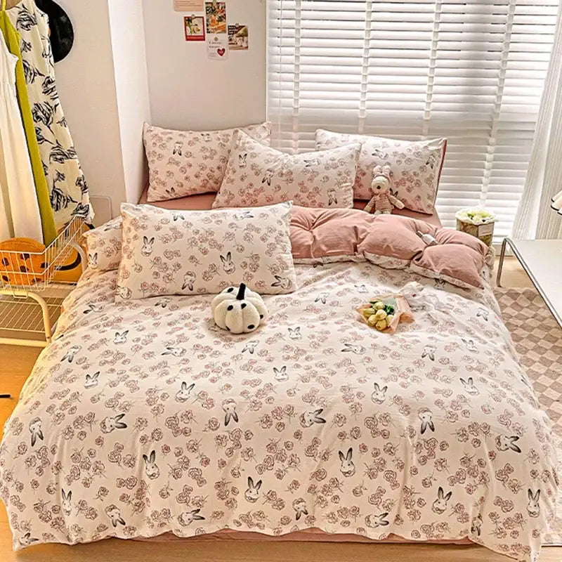 Cream bunny and pink rose cartoon pattern cotton bedding set with soft cream color and decorbites cartoon pattern design