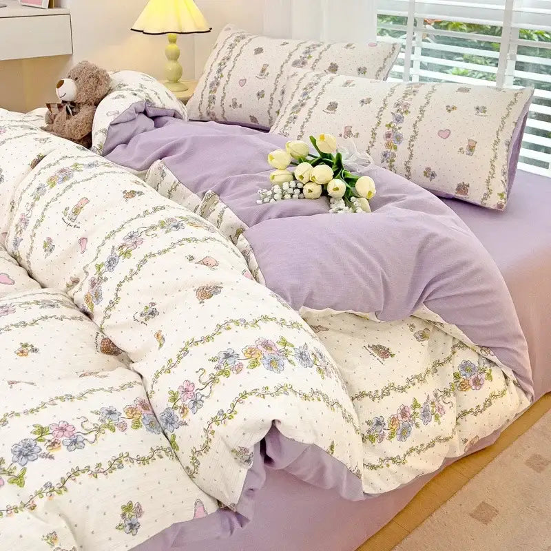 Lavender and cream floral-patterned bedding set with delicate pastel designs in decorbites cartoon pattern cotton material