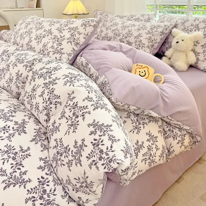 Lavender and white floral bedding set with soft plush fabric featuring decorbites cartoon pattern cotton design