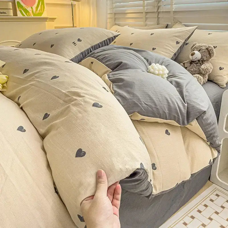 Beige and gray heart-patterned cotton duvet set with soft textured fabric in decorbites cartoon pattern cotton bedding set
