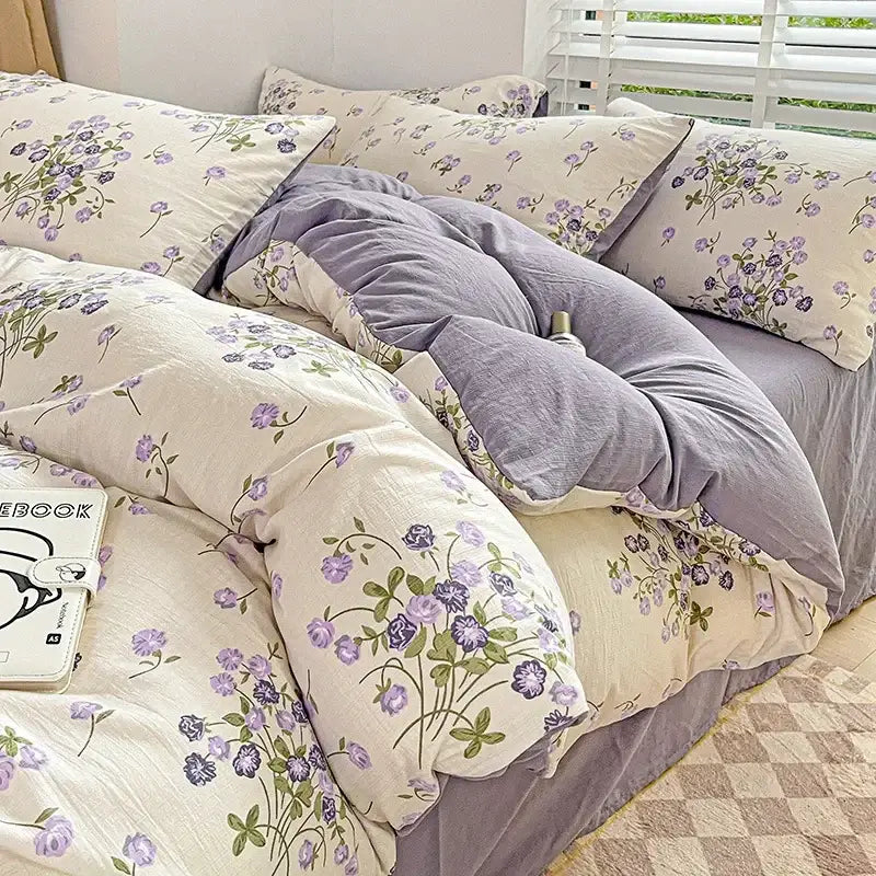 Lavender and cream floral printed bedding set in soft cotton fabric featuring decorbites cartoon pattern cotton design