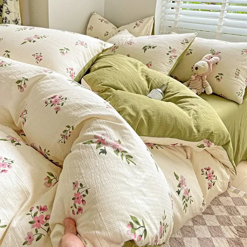Soft cream duvet cover with pink floral embroidery and sage green comforter in decorbites cartoon pattern cotton bedding set