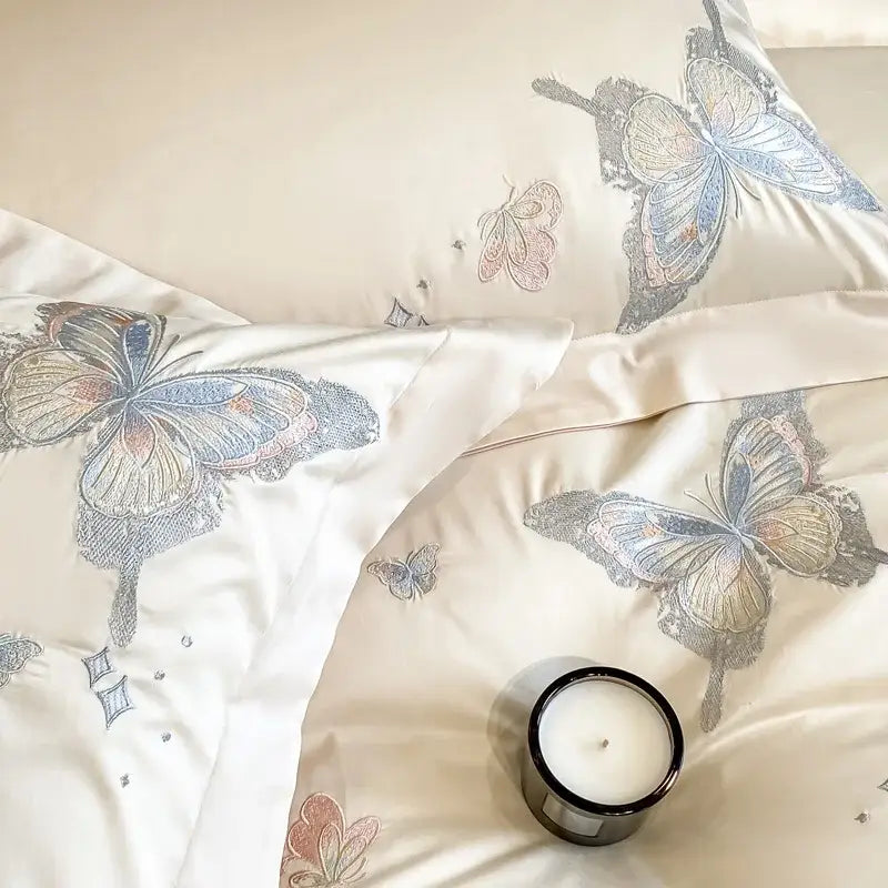 Cream butterfly embroidery 800tc Egyptian cotton bedding set in cream with delicate blue and rose butterfly embroidery