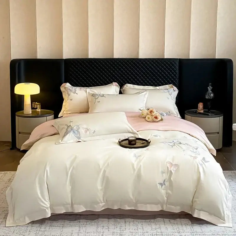 Cream butterfly embroidery 800tc egyptian cotton bedding set in cream satin with floral embroidery and pink accents