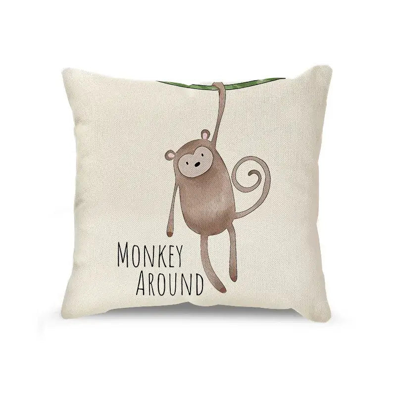 Beige linen throw pillow with a cartoon animal linen design of a brown monkey and decorbites cartoon animal text for living room decor