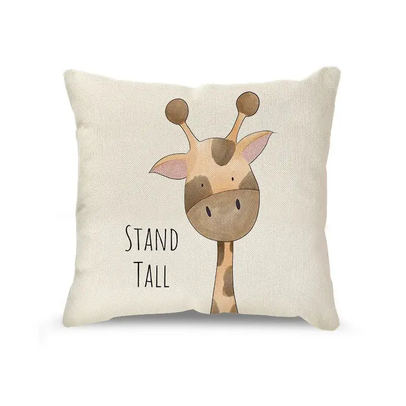 Beige linen throw pillow with cartoon animal linen giraffe design and stand tall text for living room decorbites decor