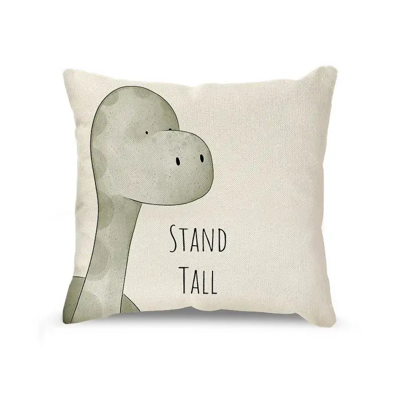 Cream cartoon animal linen pillowcase featuring a beige linen throw pillow with a gray dinosaur and stand tall decorbites cartoon animal design