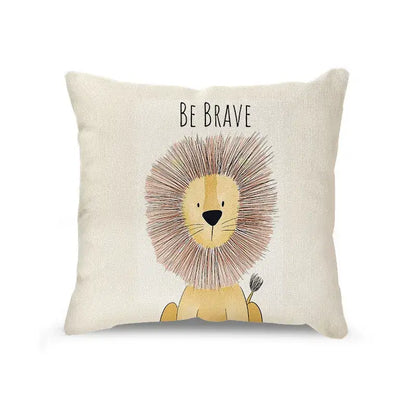 Cream cartoon animal linen pillowcase set featuring a brave lion design in cream linen for living room decorbites cartoon animal