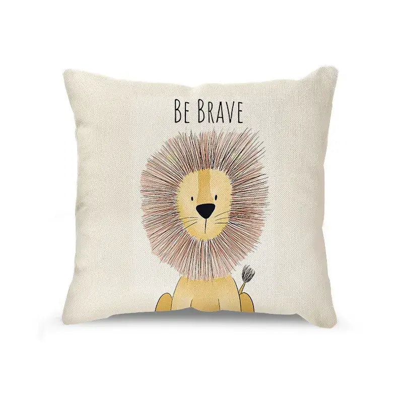 Cream cartoon animal linen pillowcase set featuring a brave lion design in cream linen for living room decorbites cartoon animal
