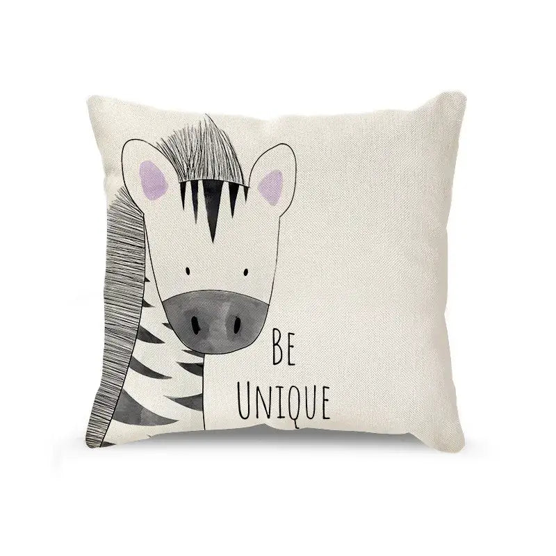 Cream cartoon animal linen pillowcase featuring a zebra and be unique phrase for living room decorbites cartoon animal