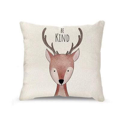 Cream cartoon animal linen pillowcase featuring a deer illustration and be kind text for living room decorbites cartoon animal decor