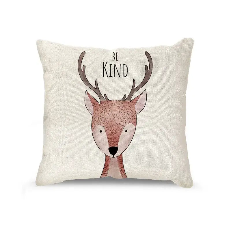 Cream cartoon animal linen pillowcase featuring a deer illustration and be kind text for living room decorbites cartoon animal decor