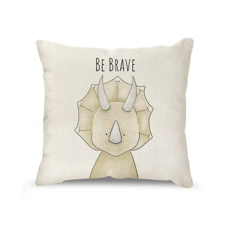 Cream cartoon animal linen throw pillow featuring a cute triceratops and be brave phrase for living room decorbites cartoon animal