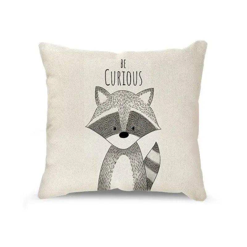 Cream cartoon animal linen pillowcase set featuring a curious raccoon decorbites cartoon animal design in natural linen fabric