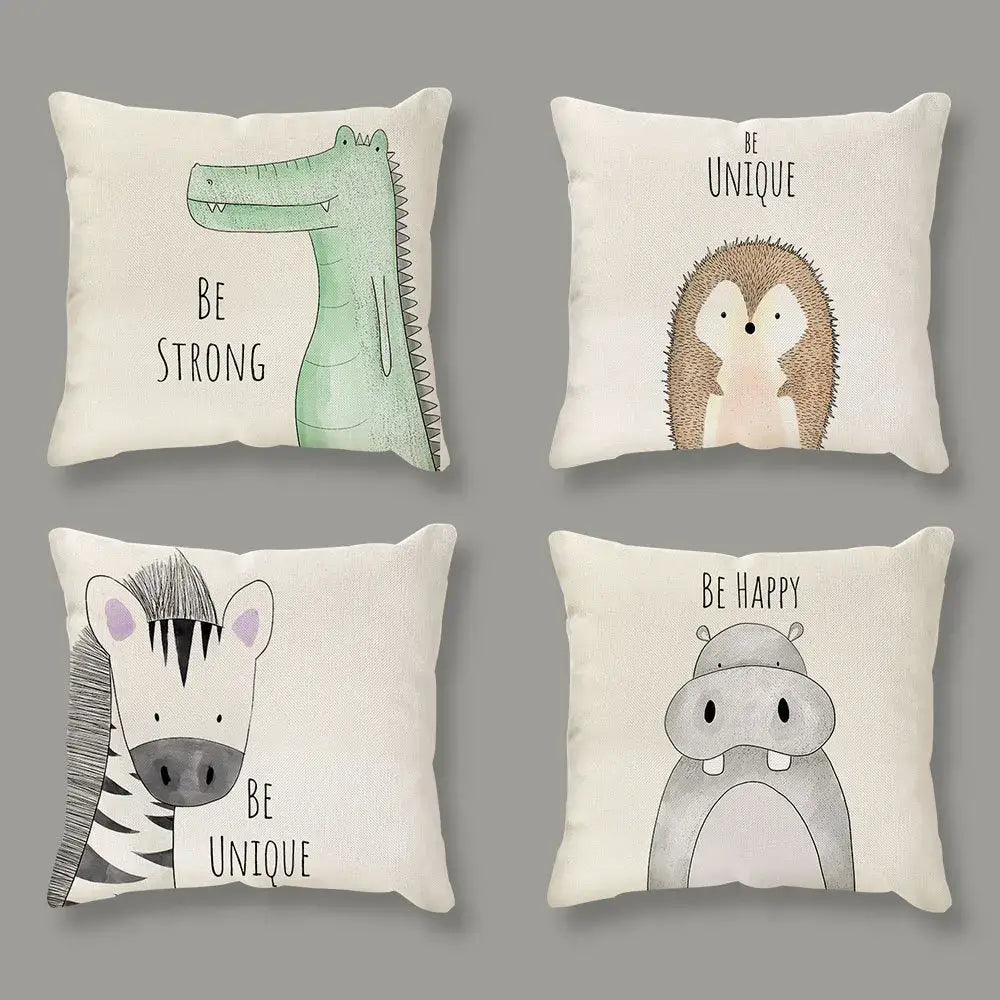 Set of four cream cartoon animal linen throw pillows with motivational phrases for living room decorbites cartoon animal decor