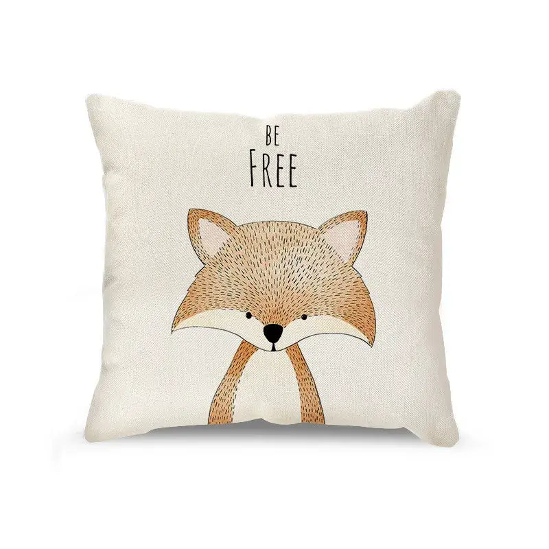 Cream cartoon animal linen pillowcase set featuring a be free fox-themed cushion in off-white fabric with a soft brown fox face