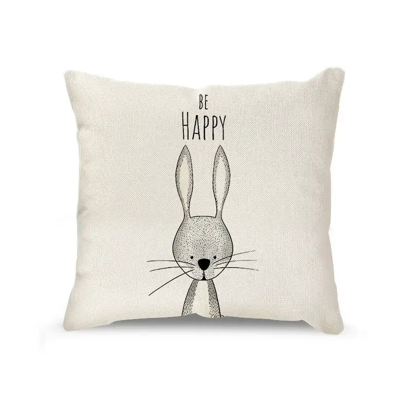 Cream cartoon animal linen pillowcase set featuring off-white be happy bunny cushion with black ink rabbit design decorbites cartoon animal