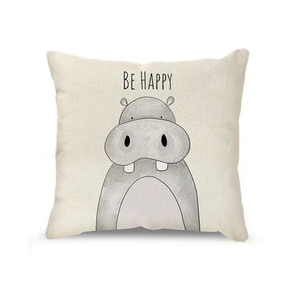 Cream cartoon animal linen pillowcase set featuring a happy hippo cushion in cream linen with gray decorbites cartoon animal design