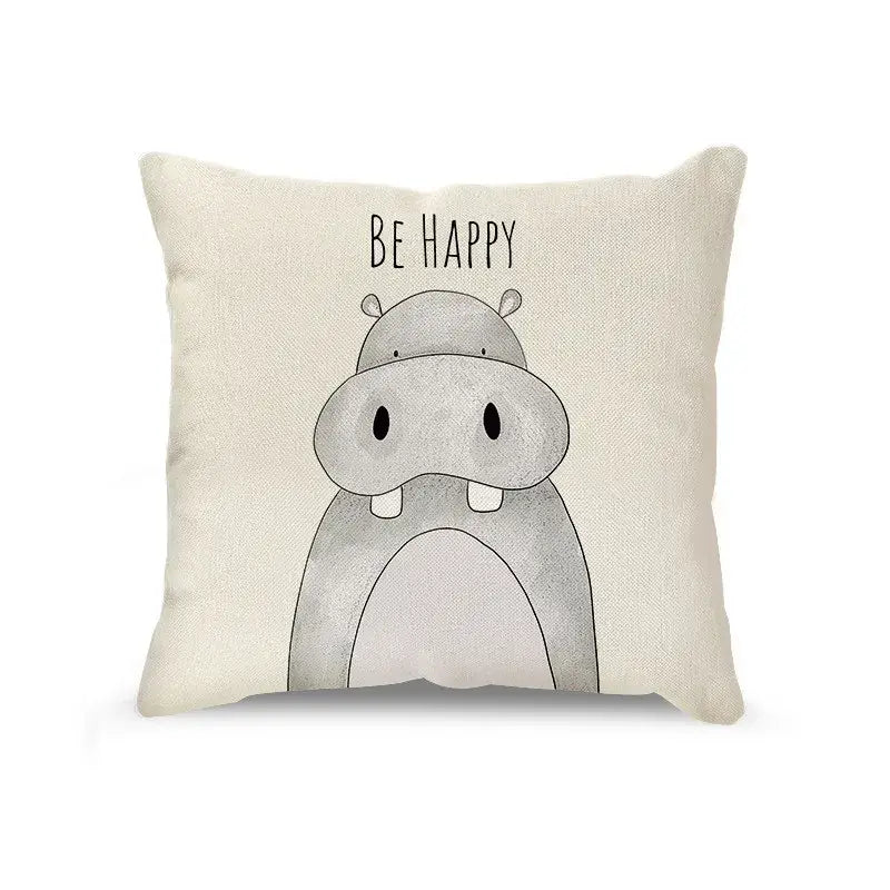Cream cartoon animal linen pillowcase set featuring a happy hippo cushion in cream linen with gray decorbites cartoon animal design