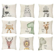 Set of nine cream cartoon animal linen pillowcases with whimsical animal illustrations and motivational phrases for living room decorbites cartoon animal animal linen pillowcase