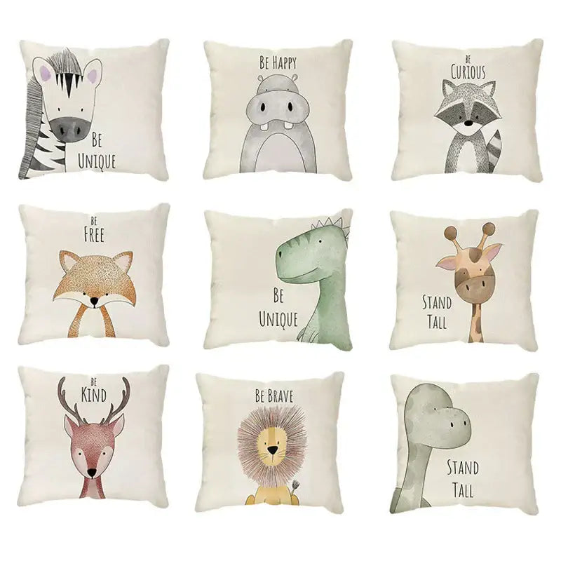 Set of nine cream cartoon animal linen pillowcases with whimsical animal illustrations and motivational phrases for living room decorbites cartoon animal animal linen pillowcase