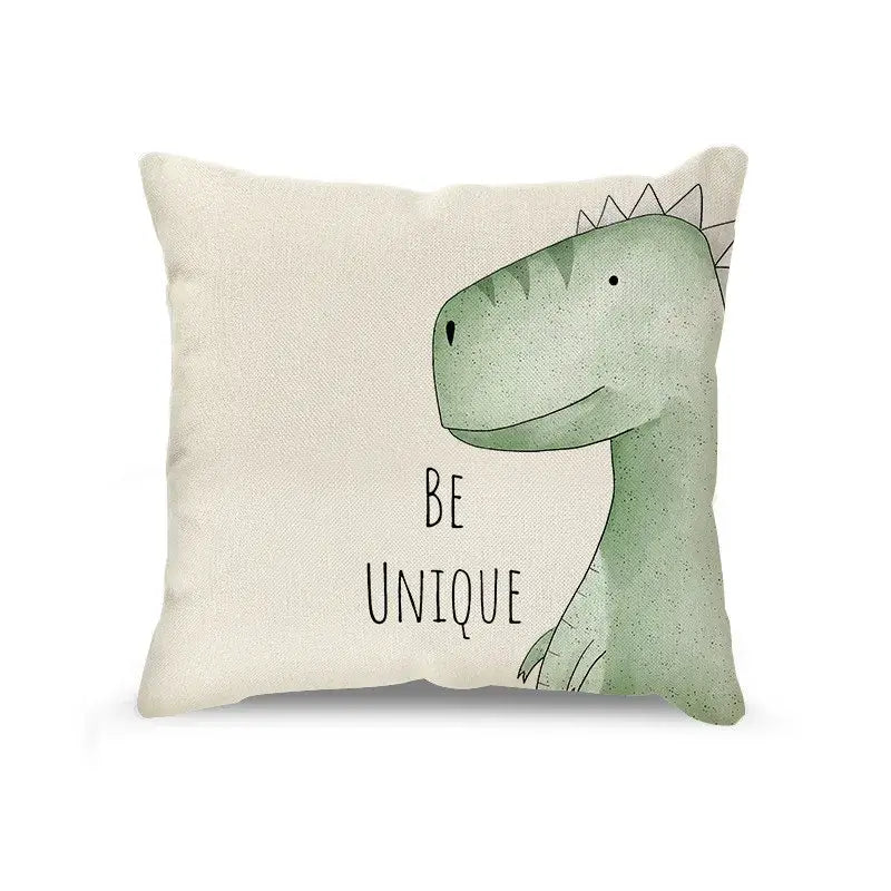 Cream cartoon animal linen pillowcase set featuring a unique green dinosaur design on soft textured beige fabric decorbites cartoon animal decor