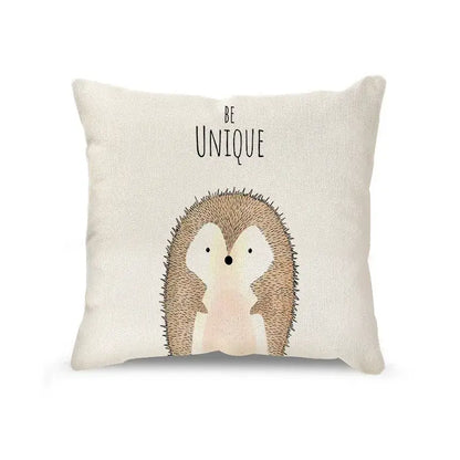 Cream cartoon animal linen pillowcase set featuring a cute brown and cream hedgehog on soft beige fabric for living room decorbites cartoon animal