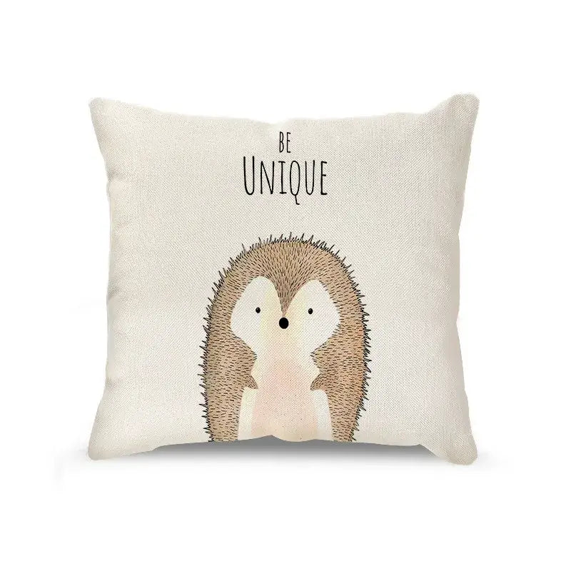 Cream cartoon animal linen pillowcase set featuring a cute brown and cream hedgehog on soft beige fabric for living room decorbites cartoon animal