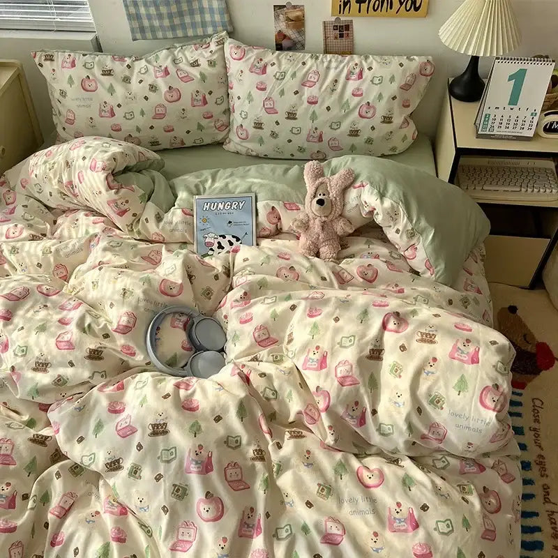 Cream cartoon bear pattern printed bedding set with a cream base, pink animals, green trees, soft fabric for cozy decorbites cartoon pattern decor