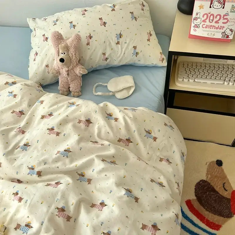 Cream bedding set with decorbites cartoon pattern of dachshunds in striped shirts for bedroom decor