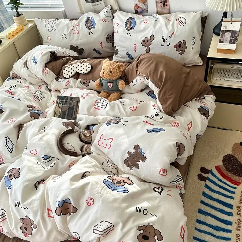 Cute white bedding set with playful cartoon dogs in brown blue and red accents made of soft cotton decorbites cartoon pattern