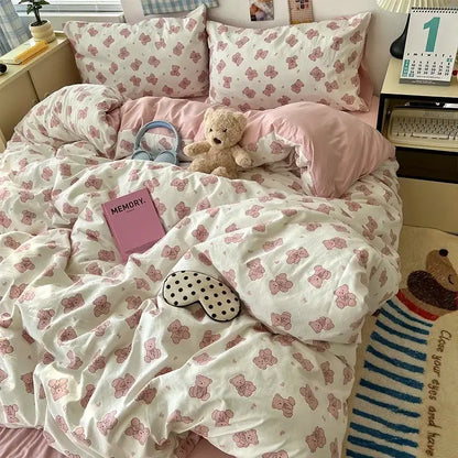 Pink teddy bear plush with soft fur on cream cartoon pattern printed bedding set for bedroom decorbites decor