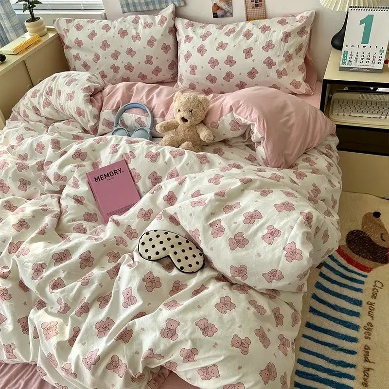 Pink teddy bear plush with soft fur on cream cartoon pattern printed bedding set for bedroom decorbites decor