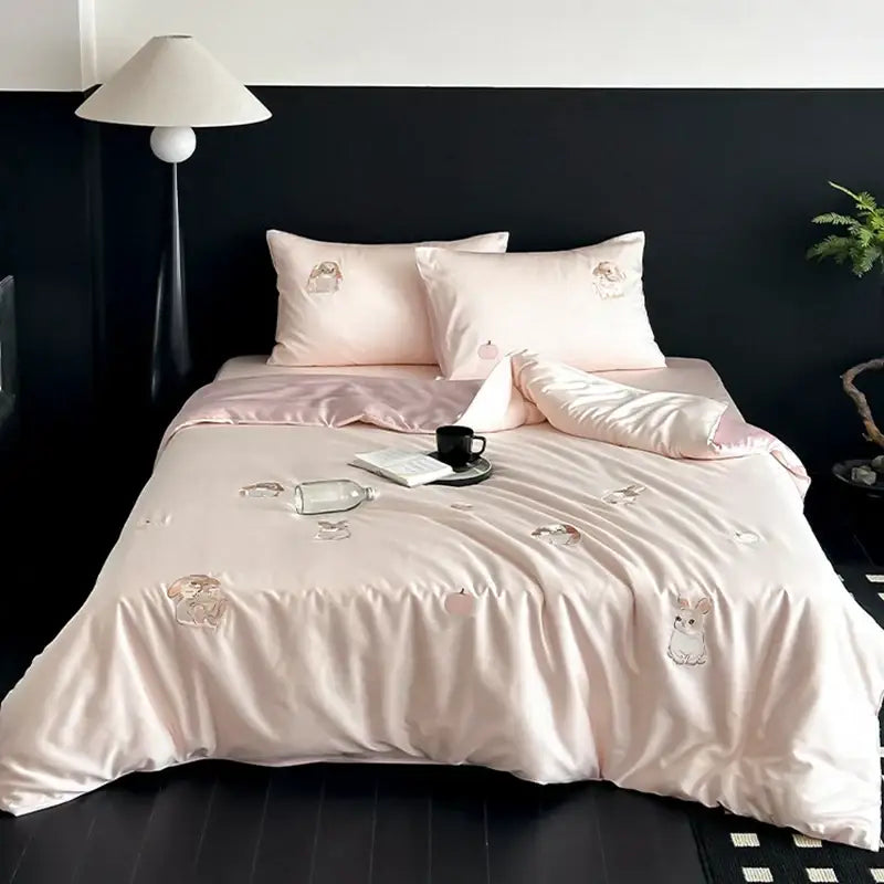 Pink satin bedding set with embroidered bunny and peach motifs cream cartoon embroidered ice silk decorbites bedroom decor