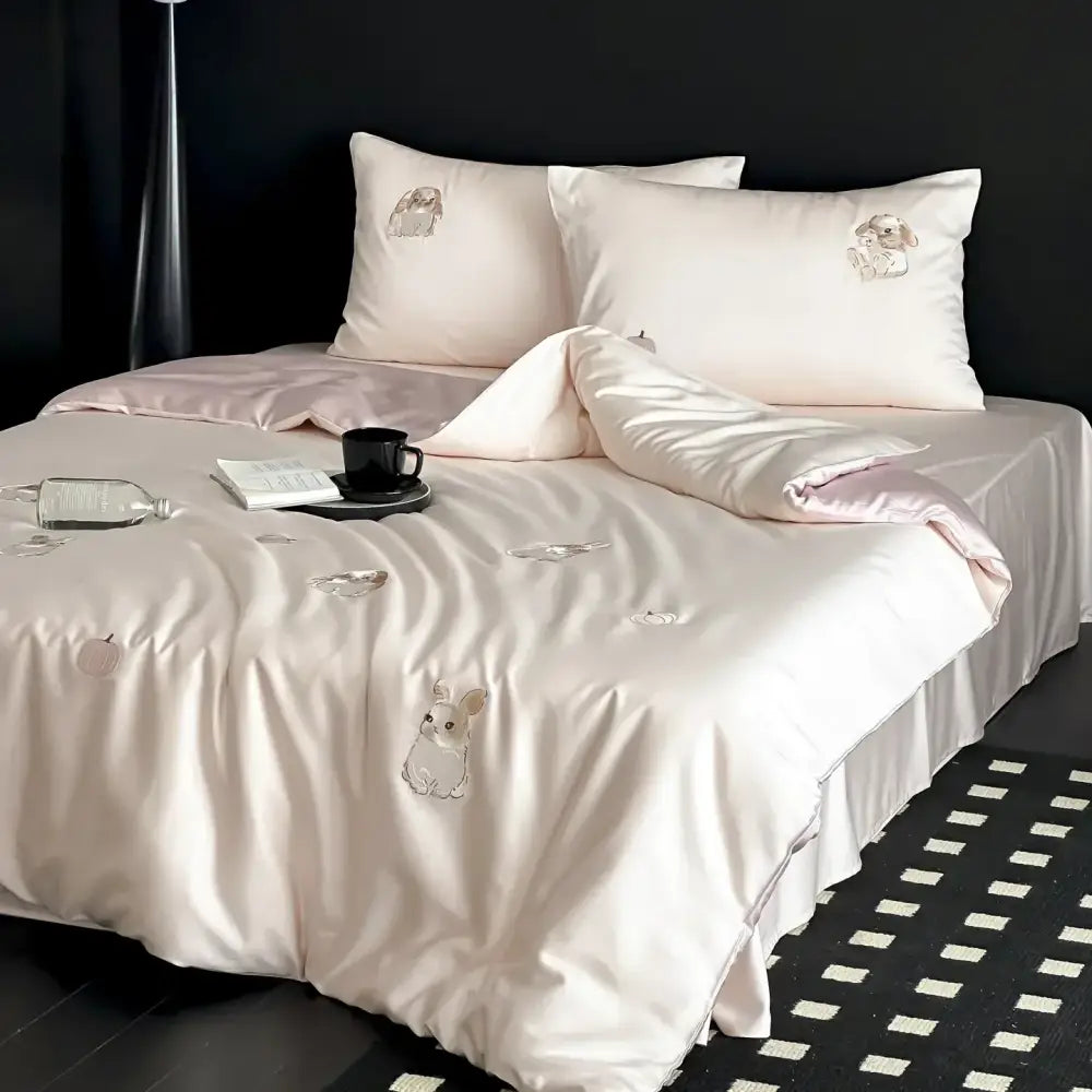 Cream cartoon embroidered ice silk bedding set in cream satin with delicate bunny decorbites cartoon embroidered design