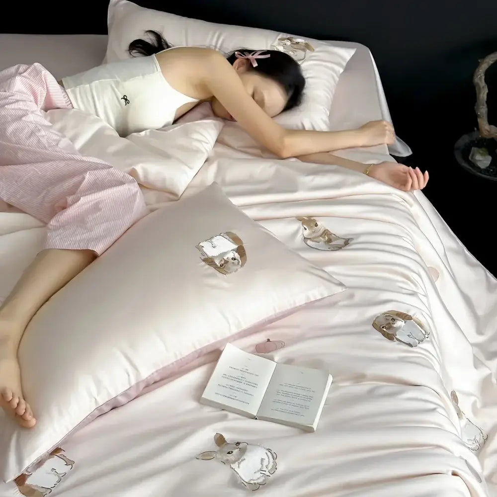 Cream soft satin bedding set with decorbites cartoon embroidered beige and silver bunny designs for bedroom decorbites cartoon embroidered ice silk bedding set