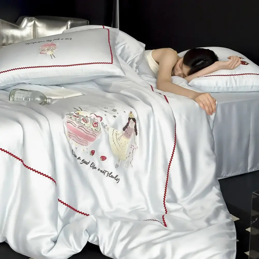 White satin duvet cover in decorbites cartoon embroidered ice silk bedding set with princess and cake design