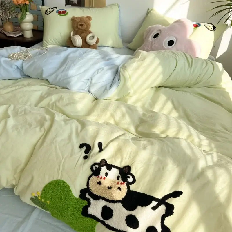 Pastel green duvet cover with plush cartoon embroidery jacquard cow on textured green grass for bedroom bed linen