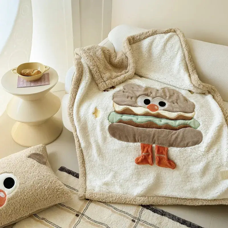 Cream cartoon lamb wool blanket with embroidered hamburger character in cream color as sweet heart sofa cover decorbites cartoon lamb