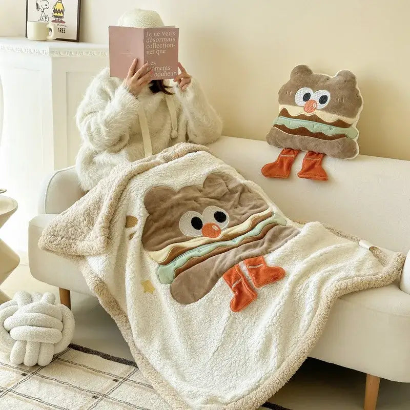 Cream cartoon lamb wool blanket in cream color featuring embroidered hamburger design for bedroom or sofa decorbites cartoon lamb