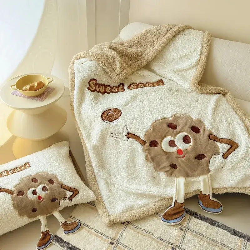 Cream cartoon lamb wool blanket in cream color with cartoon chocolate chip cookie and sweet heart embroidery for decorbites cartoon lamb decor