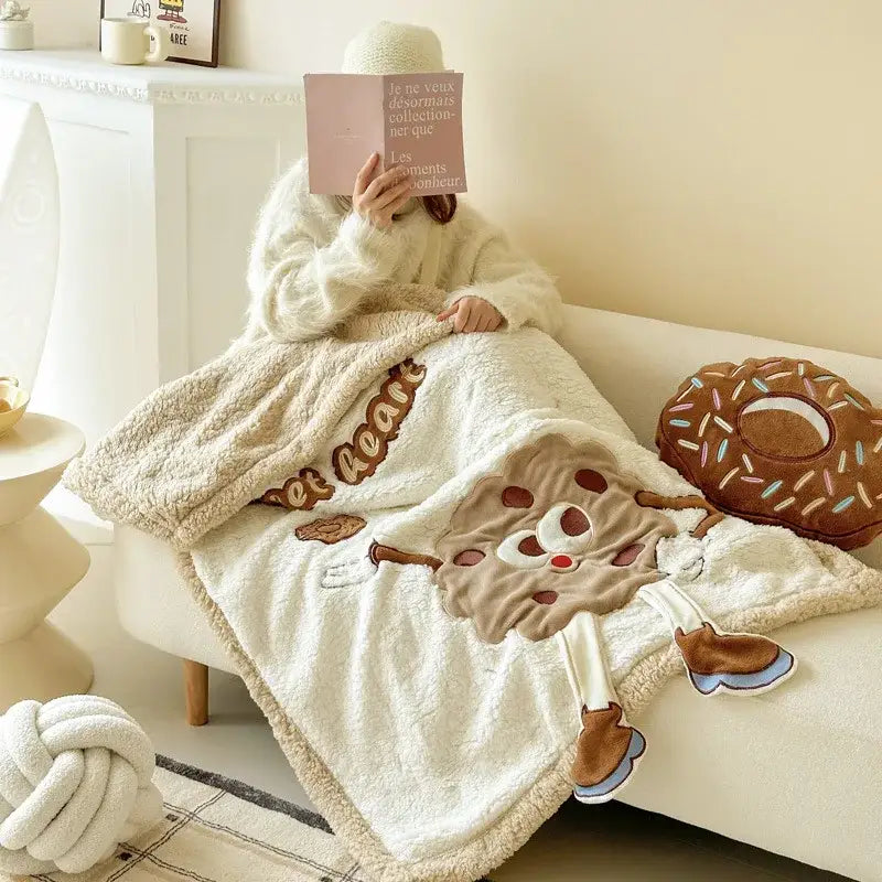 Cream cartoon lamb wool blanket featuring plush cream color with embroidered chocolate chip cookie for sofa or bedroom decorbites cartoon lamb
