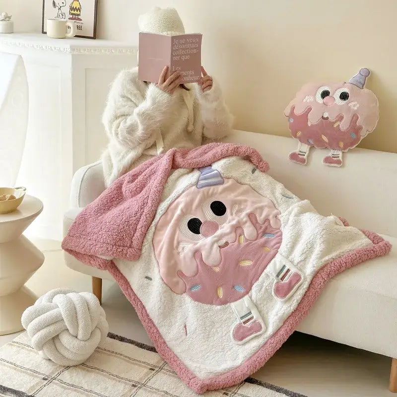 Pink and white cartoon lamb wool blanket with cute donut design ideal for bedroom decorbites cartoon lamb use