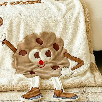 Cream cartoon lamb wool blanket featuring a cream plush design with a cartoon chocolate chip cookie for bedroom decorbites cartoon lamb